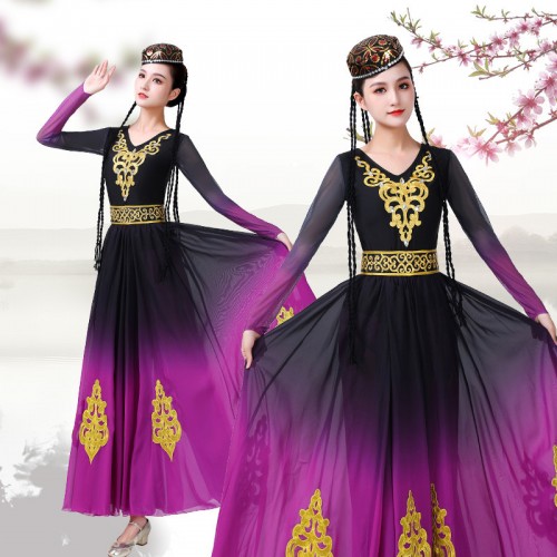 Purple gradient color chinese Xinjiang Dance dresses for women chinese folk Uyghur dance performance costume opening stage big skirt performance clothes